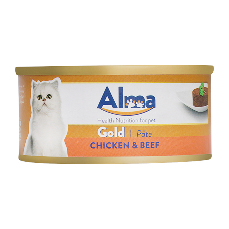  عکس بسته بندی تبلیغاتی کنسرو غذای گربه آلما مدل Gold Chicken & Beef وزن 120 گرم 