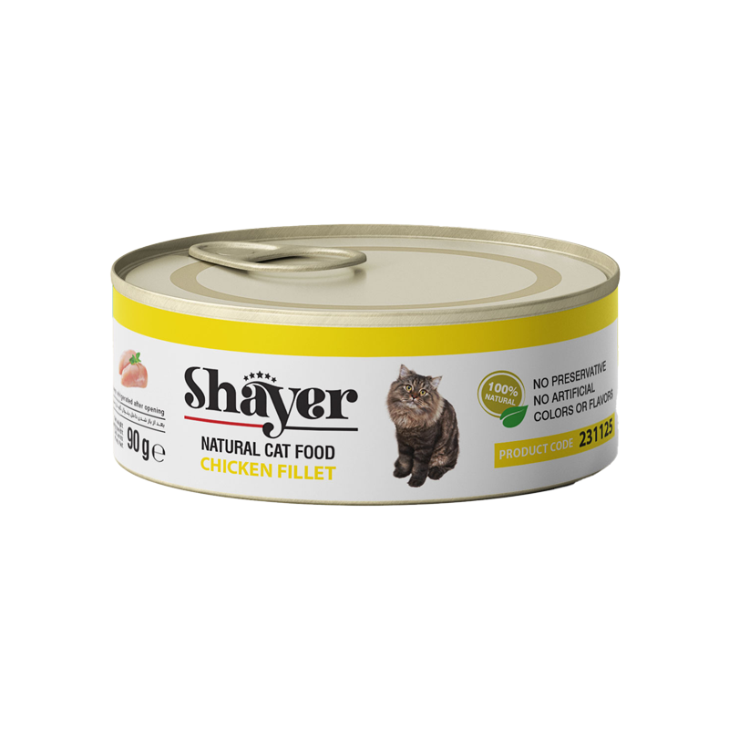  تصویر بسته بندی کنسرو غذای گربه شایر با طعم فیله مرغ Shayer Natural With Chicken Fillet بسته 3 عددی 