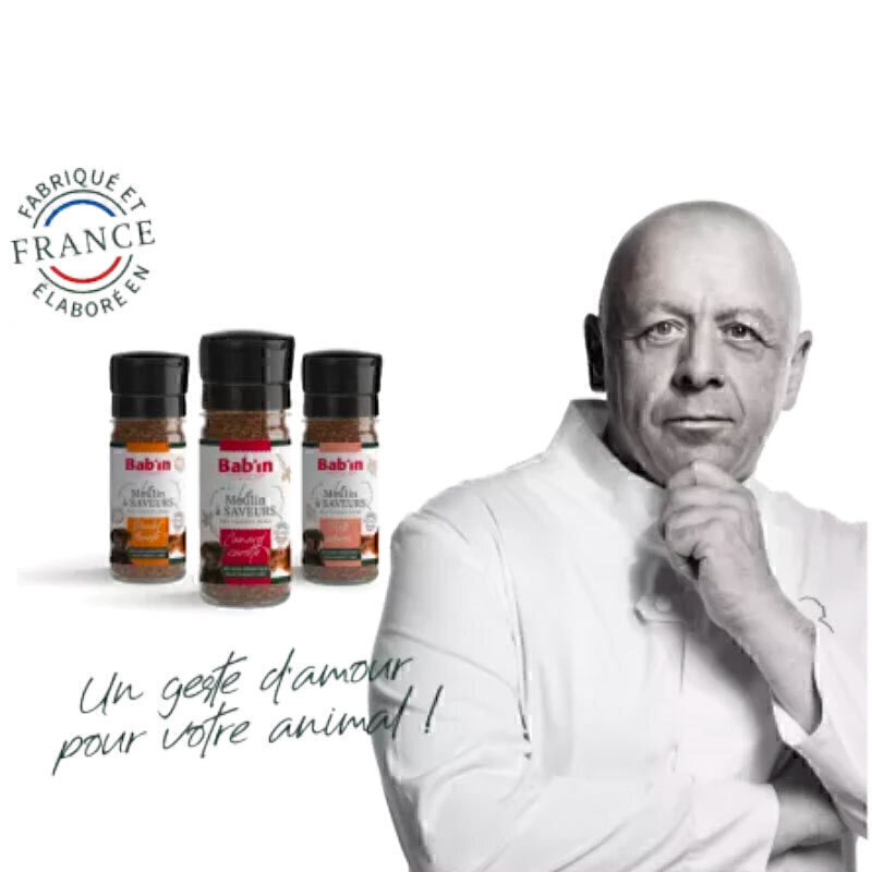  تصویر توضیحات پودر طعم دهنده غذای خشک سگ و گربه با طعم اردک و هویج بابین Babin Flavour Mill With Duck & Carrot وزن 45 گر 