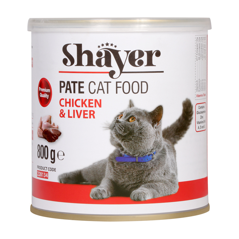  عکس بسته بندی کنسرو غذای گربه شایر مدل Chicken & Liver وزن 800 گرم 