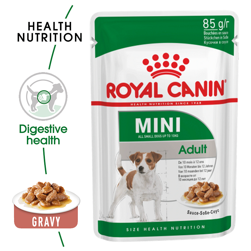 عکس جزئیات پوچ سگ رویال کنین Royal Canin Mini Adult وزن 85 گرم