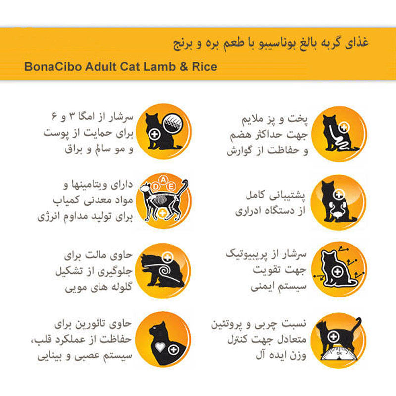  تصویر ویژگی های غذای خشک گربه بوناسیبو مدل Adult Lamb & Rice وزن 2 کیلوگرم 