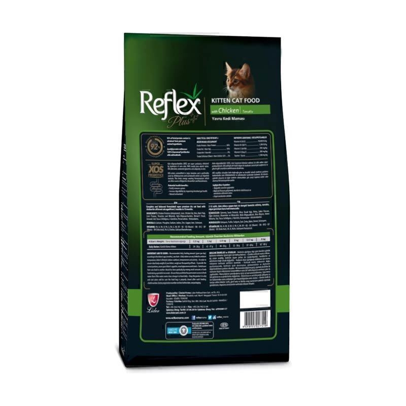  تصویر پشت بسته بندی غذای خشک بچه گربه با طعم مرغ رفلکس پلاس Reflex Plus Kitten Chicken وزن 1.5 کیلوگرم 