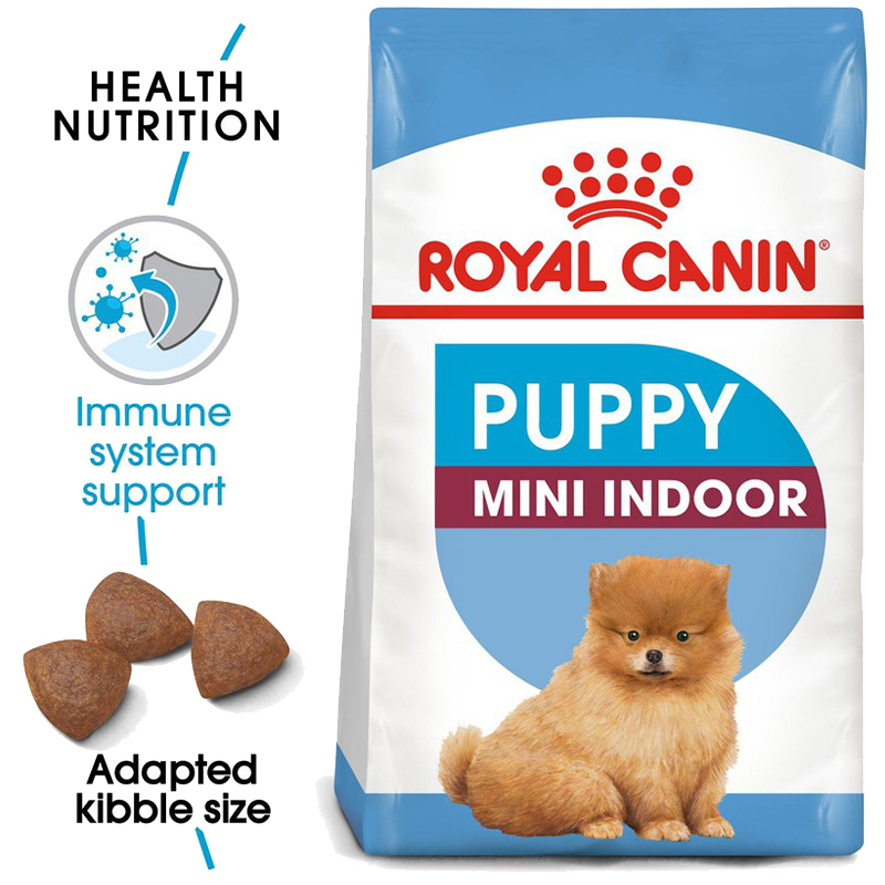  عکس جزییات غذای خشک توله سگ رویال کنین مدل Mini Indoor Puppy وزن 1.5 کیلوگرم 
