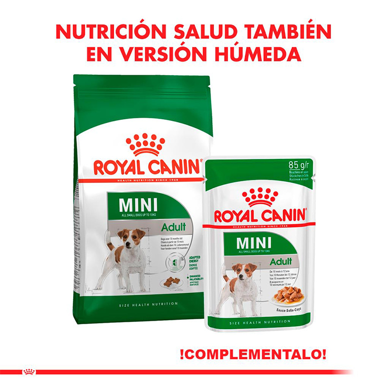 عکس توضیحات بستهبندی غذای خشک و تر سگ رویال کنین Royal Canin Mini Adult وزن 2 کیلوگرم و 85 گرم