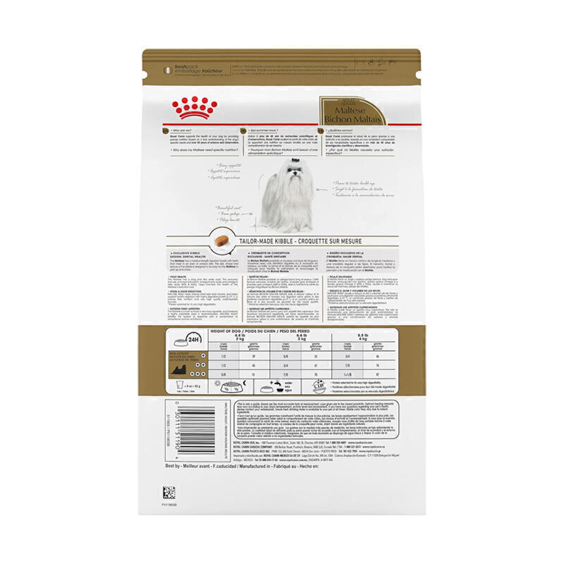  عکس بسته‌بندی غذای خشک سگ بالغ مالتیز رویال کنین Royal Canin Adult Maltese وزن 1.5 کیلوگرم از نمای پشت 