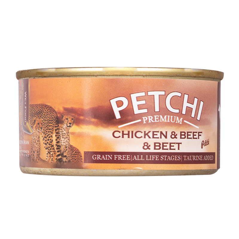  عکس بیسته بندی تبلیغاتی کنسرو غذای گربه پتچی مدل Chicken & Beef & Beet وزن 120 گرم 
