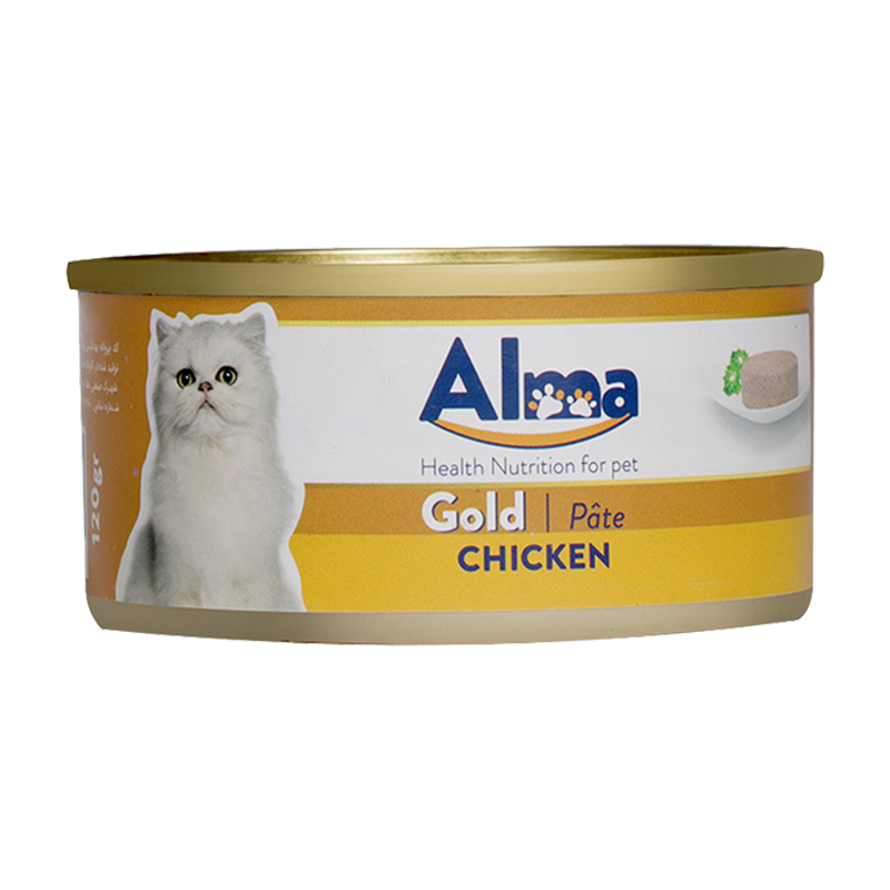  عکس تبلیغاتی بسته بندی کنسرو غذای گربه آلما مدل Gold Chicken وزن 120 گرم 