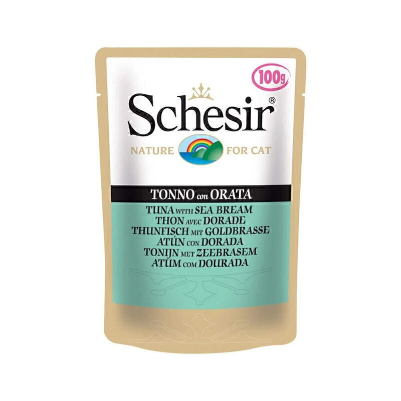  تصویر پوچ گربه شسیر با طعم ماهی تن و ماهی شانک Schesir Tuna With Seabream وزن 100 گرم 