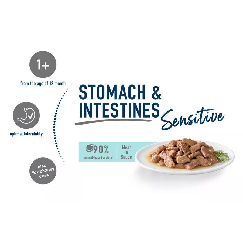  تصویر محتویات پوچ گربه تقویت کننده دستگاه گوارش هپی کت Happy Cat Sensitive Stomach & Intestines وزن 85 گرم 