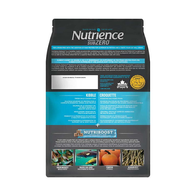  عکس بسته بندی غذای خشک گربه نوترینس با طعم ماهی سالمون Nutrience Subzero Canadian Pacific وزن 2.27 کیلوگرم از پشت 