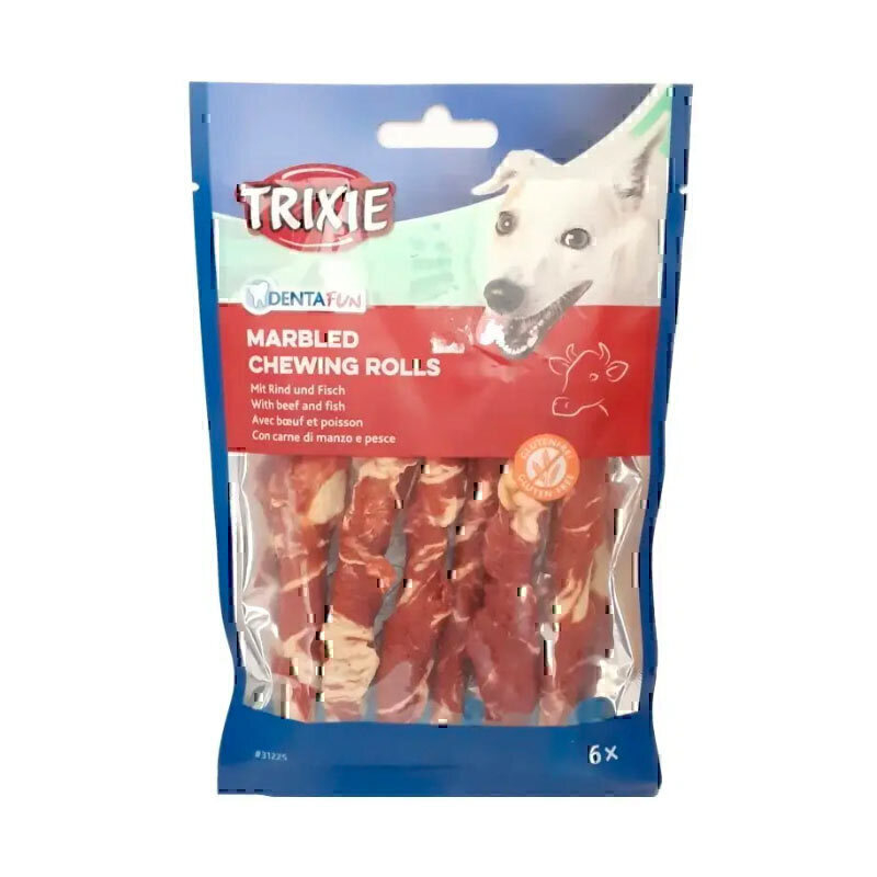  تصویر تشویقی سگ رولی تریکسی با طعم گوشت گاو و ماهی Trixie Denta Fun Beef & Fish Chewing Rolls وزن 70 گرم 
