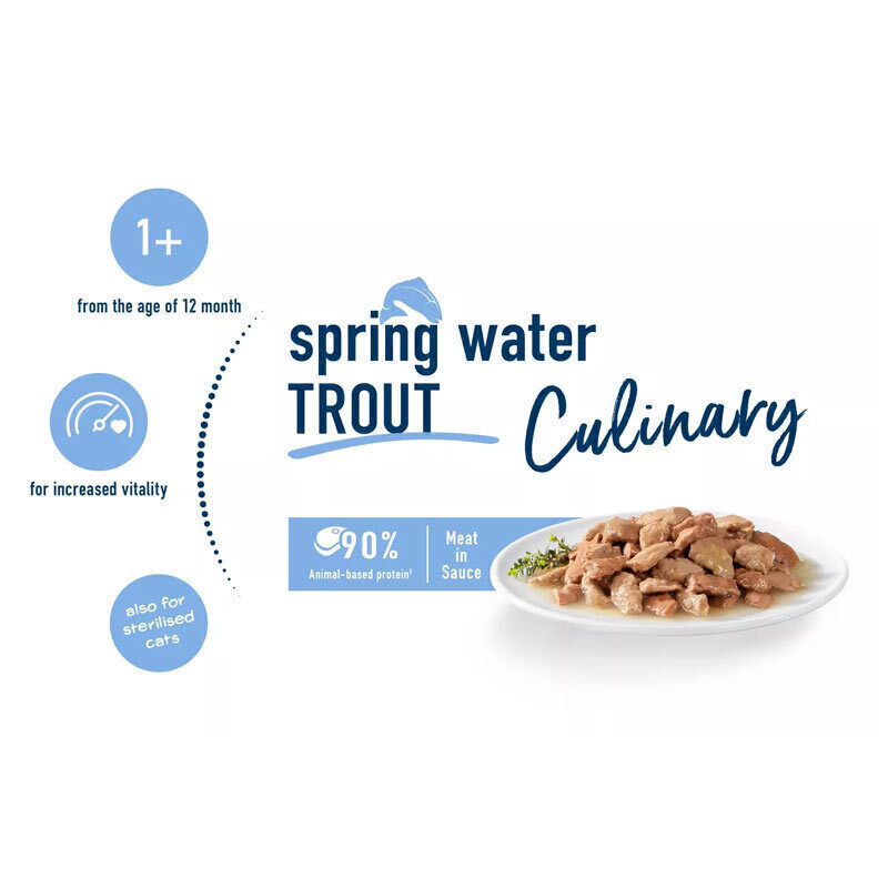 تصویر محتویات پوچ گربه هپی کت با طعم ماهی قزل آلا Happy Cat Culinary Spring Water Trout وزن 85 گرم 