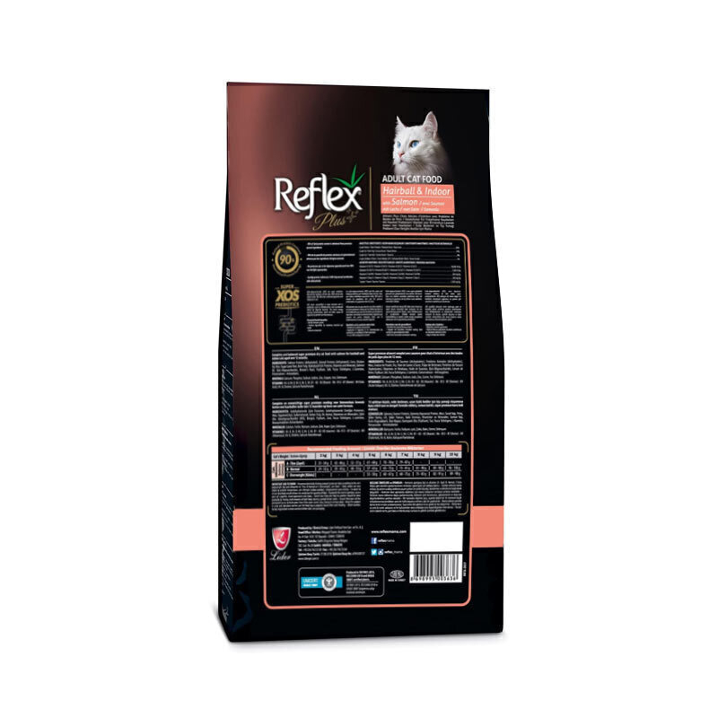  تصویر پشت غذای خشک گربه باطعم سالمون مدل هربال رفلکس پلاس Reflex Plus Hairball & Indoor with Salmon وزن 1 کیلوگرم 