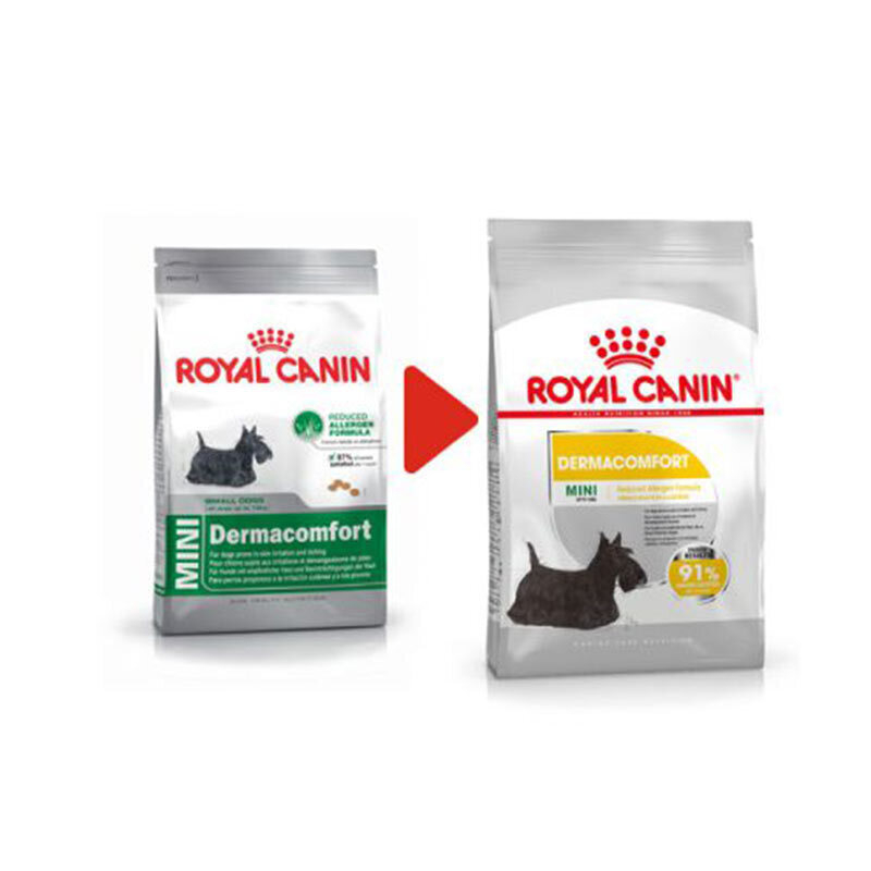  تصویر بسته‌بندی قدیمی و جدید غذای خشک سگ درما کامفورت رویال کنین Royal Canin DermaComfort Mini وزن 3 کیلوگرم 