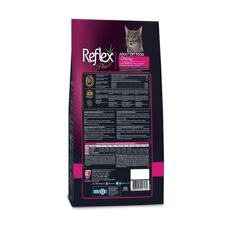  عکس پشت بسته بندی غذای خشک گربه مناسب گربه بد غذا با طعم ماهی سالمون رفلکس پلاس Reflex Plus Choosy with Salmon وزن 1.5 ک 