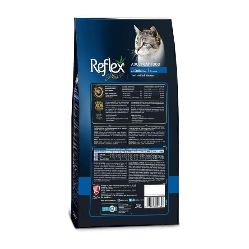  عکس پشت بسته بندی غذای خشک گربه بالغ با طعم ماهی سالمون رفلکس پلاس Reflex Plus Adult Salmon وزن 15 کیلوگرم 