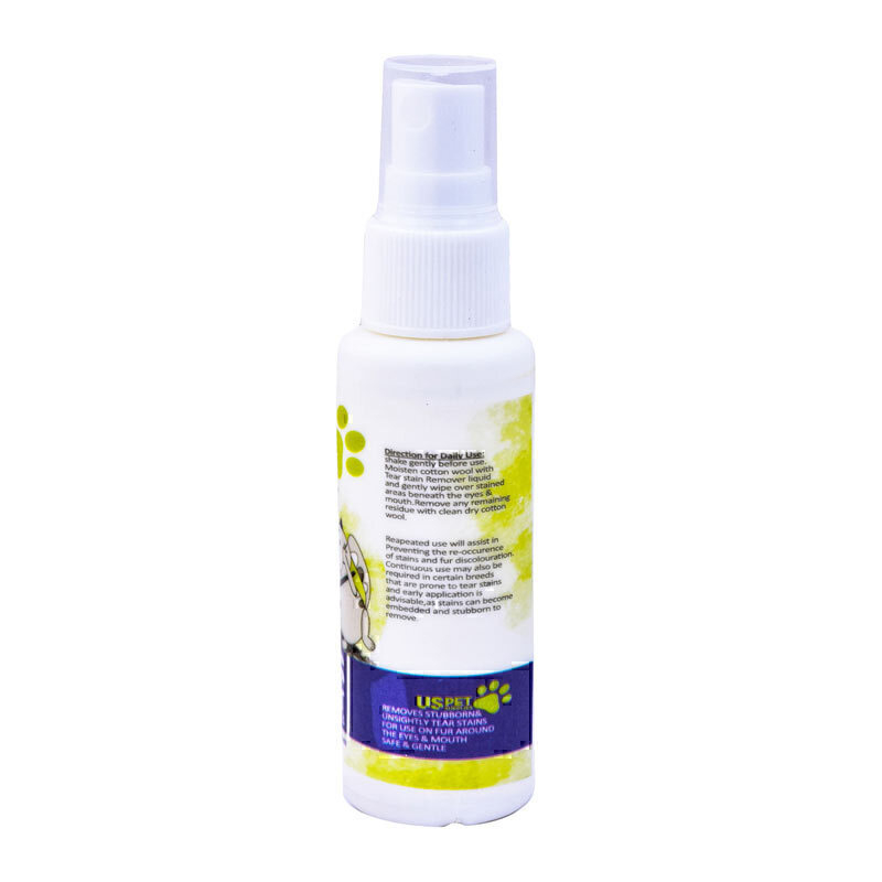  تصویر اسپری لکه بر زیر چشم یو اس پت مخصوص سگ و گربه UsPet Tear Stain Remover Spray حجم 60 میلی‌لیتر (پشت محصول) 