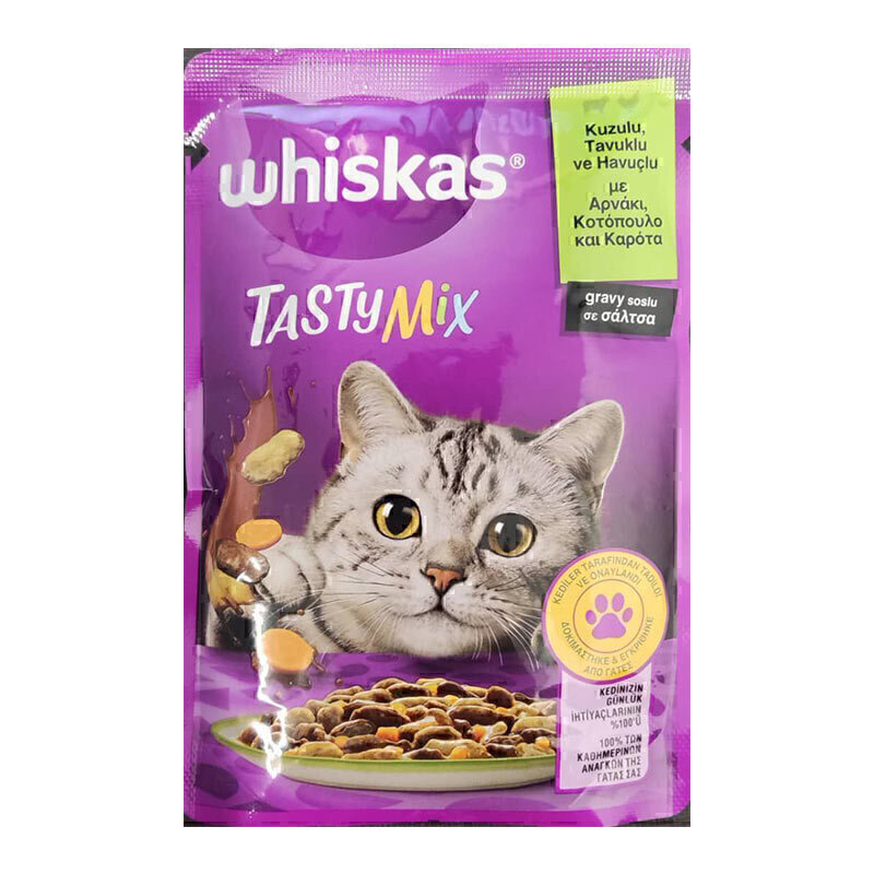  عکس پوچ گربه ویسکاس با طعم میکس بره و مرغ در سس Whiskas Tasty Mix With Lamb & Chicken in Gravy وزن 85 گرم از نمای جلو 