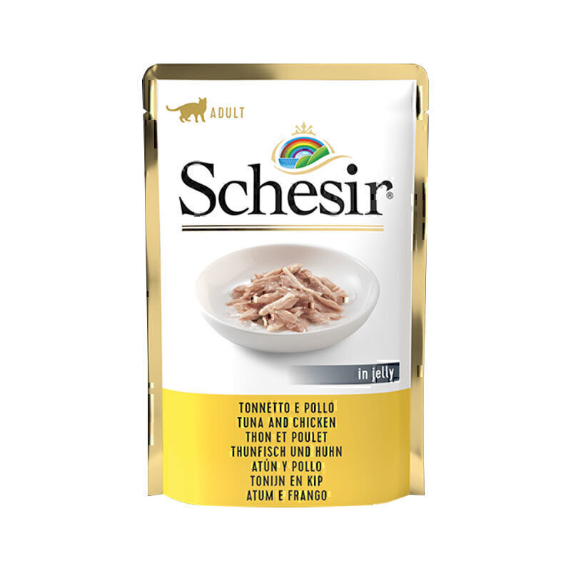 تصویر پوچ گربه شسیر با طعم ماهی تن و فیله ی مرغ در ژله Schesir Tuna With Chicken Fillets In Jelly وزن 85 گرم 