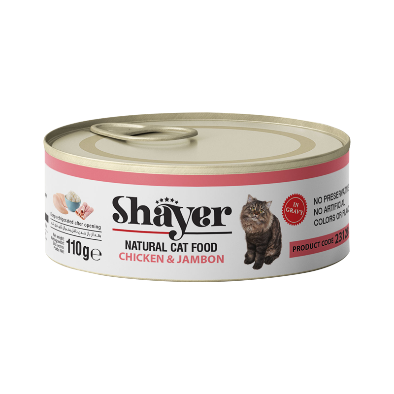  تصویر بسته کنسرو غذای گربه شایر با طعم مرغ و ژامبون در سس Shayer Natural With Chicken & Jambon In Sauce گوشت وزن 110 گرم 