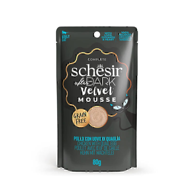  تصویر پوچ گربه شسیر با طعم مرغ و تخم بلدرچین بدون گلوتن Schesir Chicken With Quail Egg In Mousse Grain Free وزن 80 گرم 