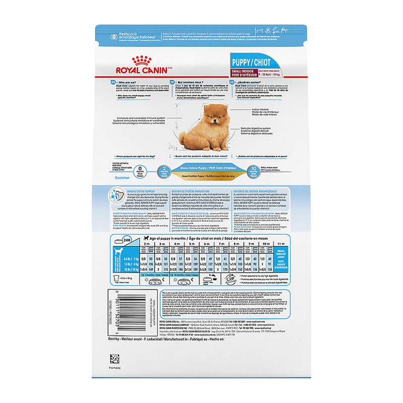  عکس بسته‌بندی غذای خشک توله سگ رویال کنین مدل Royal Canin Small Indoor Puppy/Chiot وزن ۱.۵ کیلوگرم از نمای پشت 