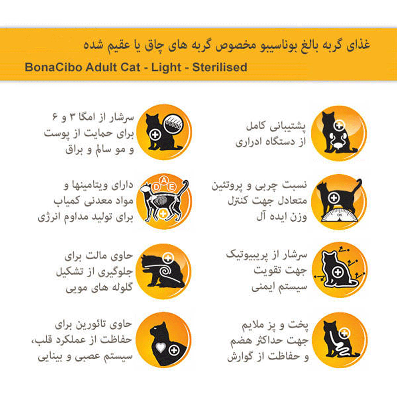  تصویر ویژگی های غذای خشک گربه بوناسیبو مدل Adult Light & Sterilised وزن 2 کیلوگرم 