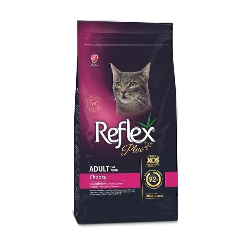 عکس بسته بندی غذای خشک گربه مناسب گربه بد غذا با طعم ماهی سالمون رفلکس پلاس Reflex Plus Choosy with Salmon وزن 1.5 کیلوگ 