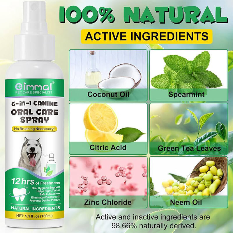 عکس ترکیبات اسپری مراقبت از دهان سگ اویمال حاوی عصاره آلوئهورا و چای سبز Oimmal Oral Care Dog Spray حجم 150 میلیلیتر
