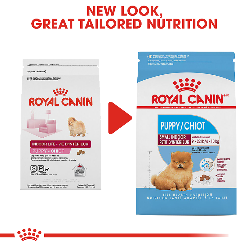  عکس تغییر بسته‌بندی غذای خشک توله سگ رویال کنین مدل Royal Canin Small Indoor Puppy/Chiot وزن ۱.۵ کیلوگرم 