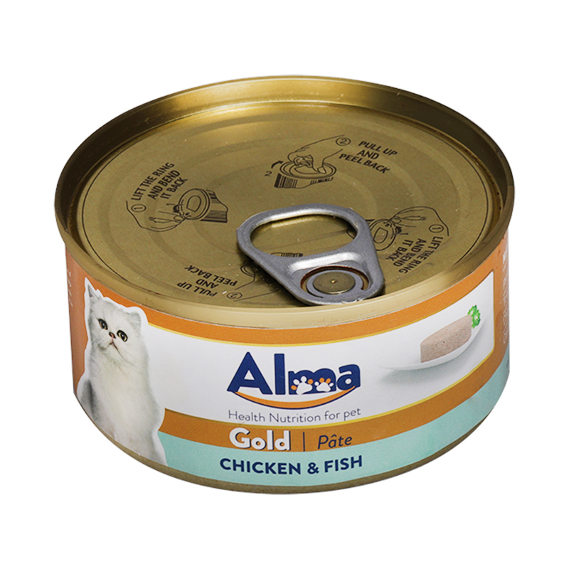  عکس کامل کنسرو غذای گربه آلما مدل Gold Chicken & Fish وزن 120 گرم 