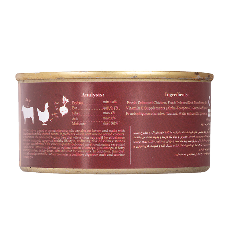  عکس پشت کنسرو غذای گربه پتچی مدل Chicken & Beef & Beet وزن 120 گرم 