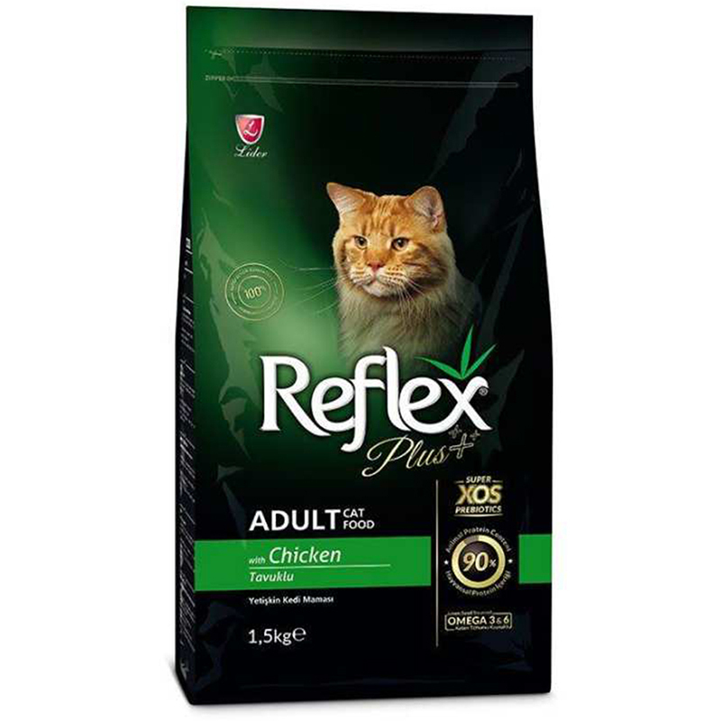  تصویر بسته بندی غذای خشک گربه بالغ با طعم مرغ رفلکس پلاس Reflex Plus Adult Chicken وزن 1.5 کیلوگرم 