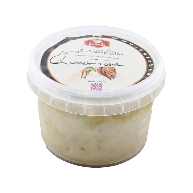  غذای ارگانیک گربه پت آباد Fresh مدل ماهی سالمون و سبزیجات وزن 250 گرم بسته بندی 