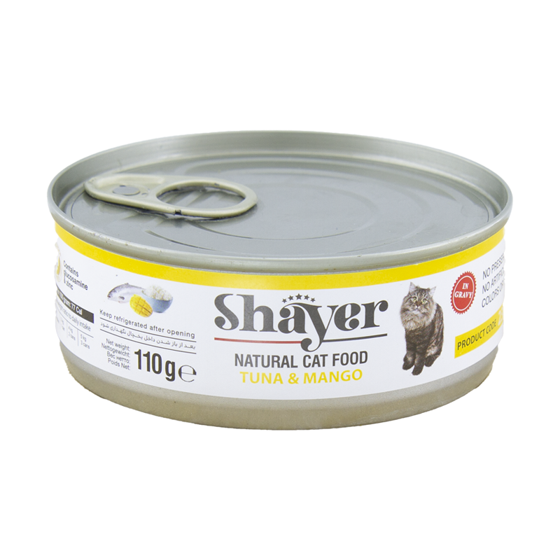 تصویر کنسرو غذای گربه شایر با طعم ماهی تن و انبه در سس Shayer Natural With Tuna & Mango in Sauce وزن 110 گرم از نمای پشت