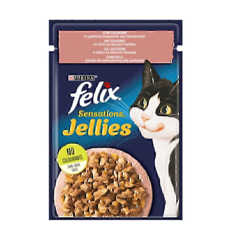  تصویر پوچ گربه فلیکس با طعم ماهی سالمون و میگو در ژله Felix Sensation Salmon in Shrimp flavored Jelly وزن 85 گرم 