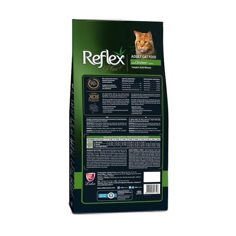  تصویر پشت بسته بندی غذای خشک گربه بالغ با طعم مرغ رفلکس پلاس Reflex Plus Adult Chicken وزن 15 کیلوگرم 