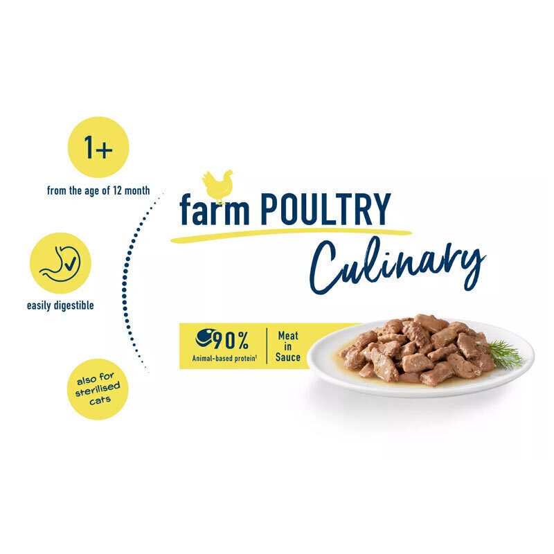  تصویر محتویات پوچ گربه هپی کت با طعم مرغ Happy Cat Culinary Farm Poultry وزن 85 گرم 