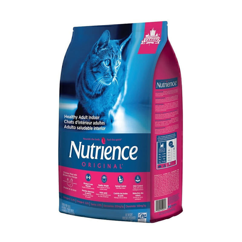  عکس بسته بندی غذای خشک گربه نوترینس با طعم مرغ و برنج قهوه ای Nutrience Original Adult Indoor Cat وزن 2.5 کیلوگرم 3 رخ 