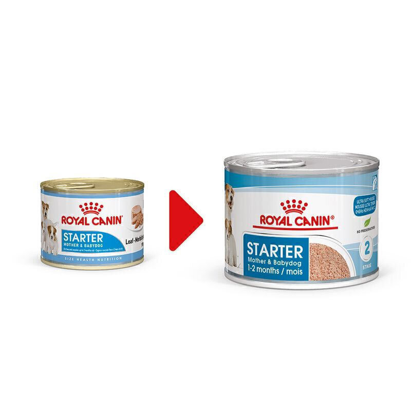  تصویر قدیمی و جدید کنسرو غذای سگ رویال کنین Royal Canin Starter Mother & Babydog وزن ۱۹۵ گرم 