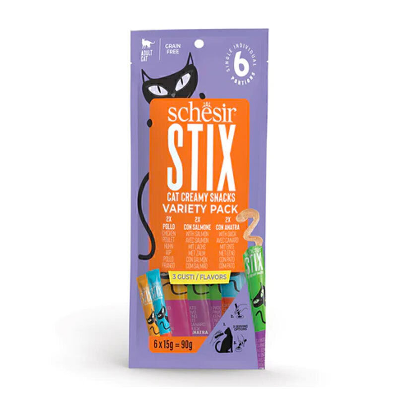  تصویر بستنی گربه شسیر در سه طعم Schesir Stix Mixed Flavours Cream Snacks بسته 6 عددی از نمای رو به رو 