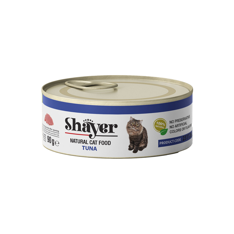 تصویر بسته بندی کنسرو غذای گربه شایر با طعم ماهی تن Shayer Natural With Tuna بسته 3 عددی