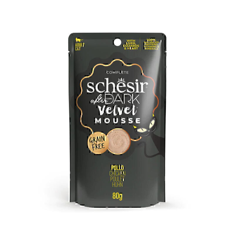  تصویر پوچ گربه شسیر با طعم مرغ در موس بدون گلوتن Schesir Chicken In Mousse Grain Free وزن 80 گرم 
