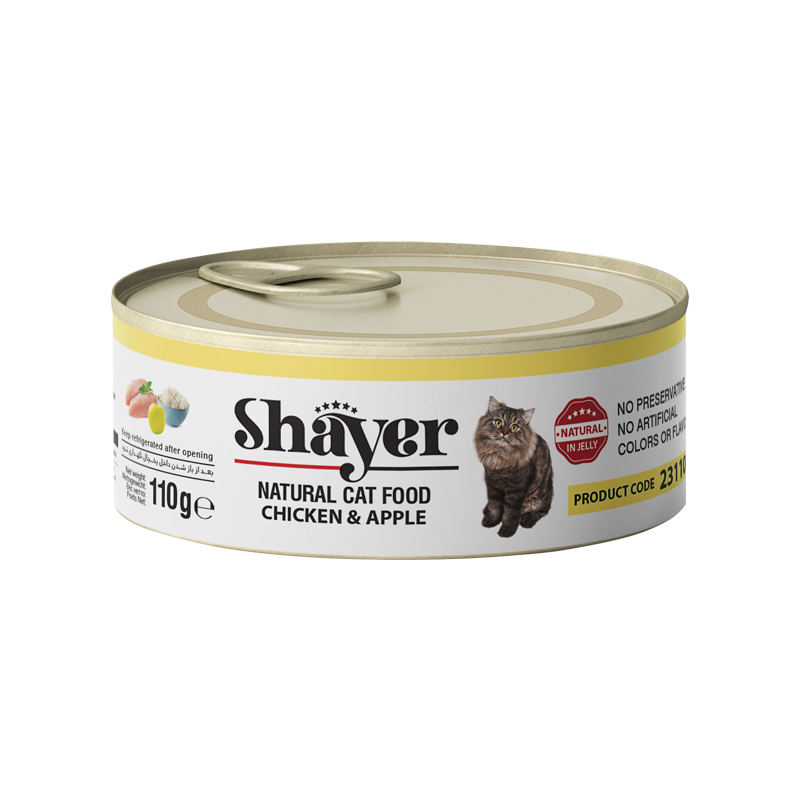  تصویر کنسرو غذای گربه شایر با طعم مرغ و سیب در ژله Shayer Natural Chicken & Apple وزن 110 گرم بسته بندی تکی 