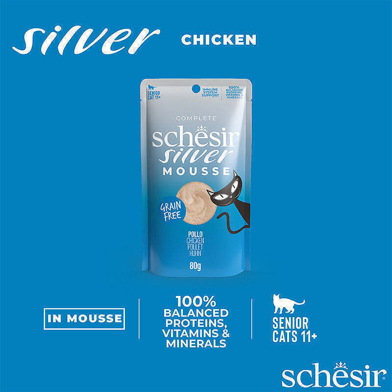  عکس ویژگی‌های پوچ گربه سیلور شسیر با طعم مرغ Schesir Silver Mousse Chicken وزن 80 گرم 