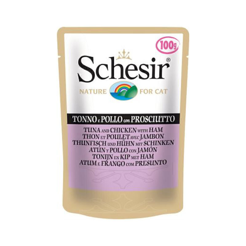 تصویر پوچ گربه شسیر با طعم ماهی تن و مرغ و ژامبون Schesir Tuna and Chicken With Ham وزن 100 گرم