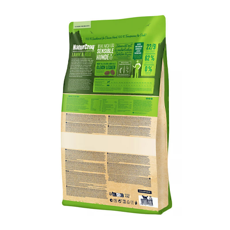  تصویر پشت بسته بندی غذای خشک سگ بالغ هپی داگ با طعم گوشت بره و برنج Happy Dog NaturCroq Lamb & Rice وزن 15 کیلوگرم 