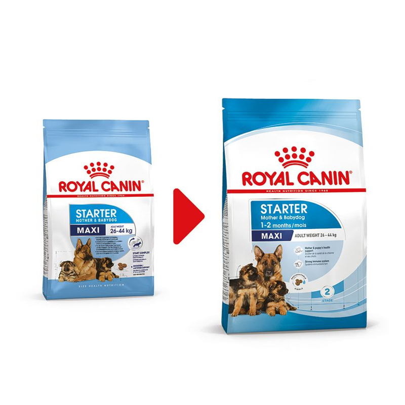  تصویر تغییر بسته‌بندی غذای خشک سگ رویال کنین مدل Royal Canin Maxi Starter وزن 15 کیلوگرم 