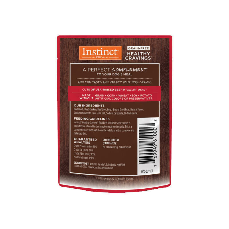 تصویر پشت پوچ سگ اینستینکت با طعم گوشت گاو در سس شور Instinct Pouch In Savory Gravy With Beef وزن 85 گرم